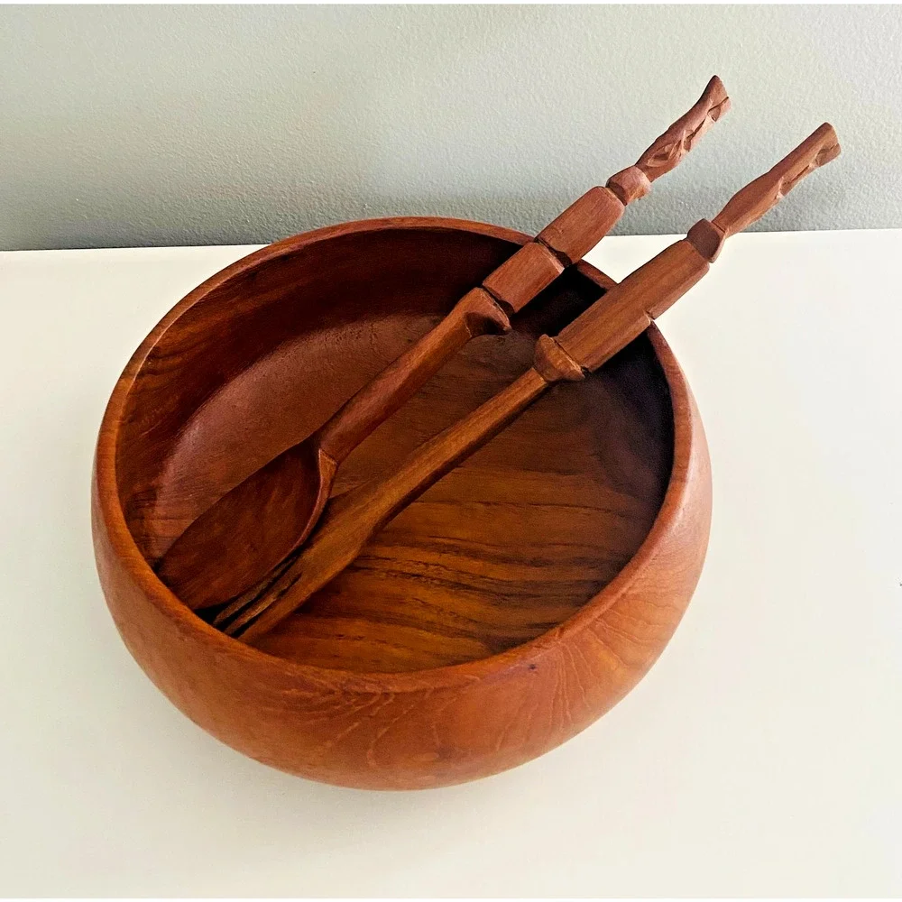 3-Piece Vintage MCM Hand-Turned Monkey Pod Salad Bowl and Serving Utensils